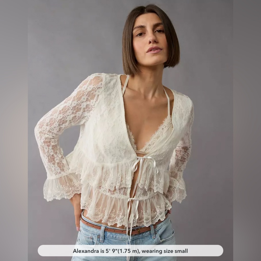 American Eagle cream lace tie front top